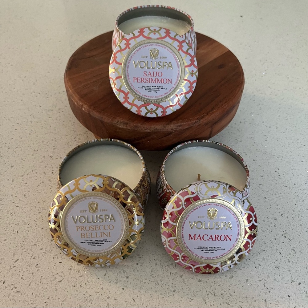 Voluspa SAIJO PERSIMMON, MACARON, PROSECCO BELLINI, 4oz. Mini Tin Candle Set